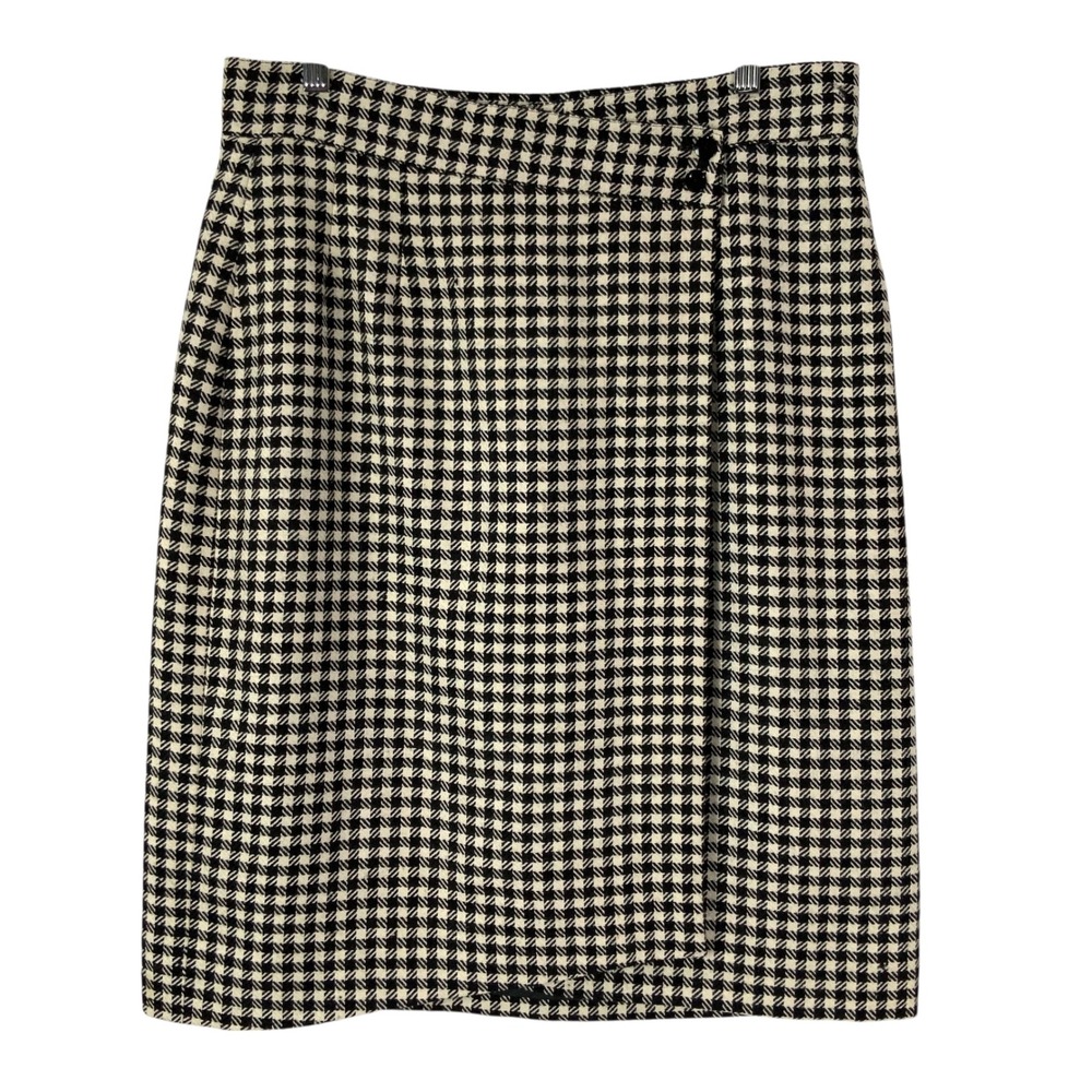 Betty Hanson Vintage 100% Wool Houndstooth Wrap Skirt Black White Size 10
